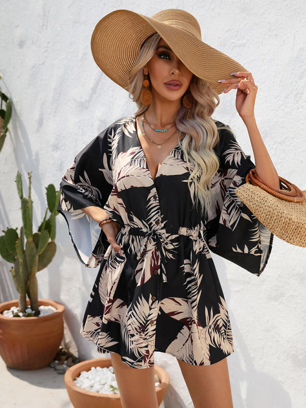 Mini Dresses- Tropical Print Adjustable Mini Dress with Batwing Sleeves- - Pekosa Women Clothing