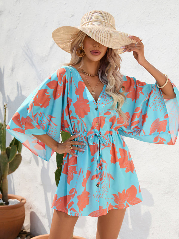 Mini Dresses- Tropical Print Adjustable Mini Dress with Batwing Sleeves- - Pekosa Women Clothing