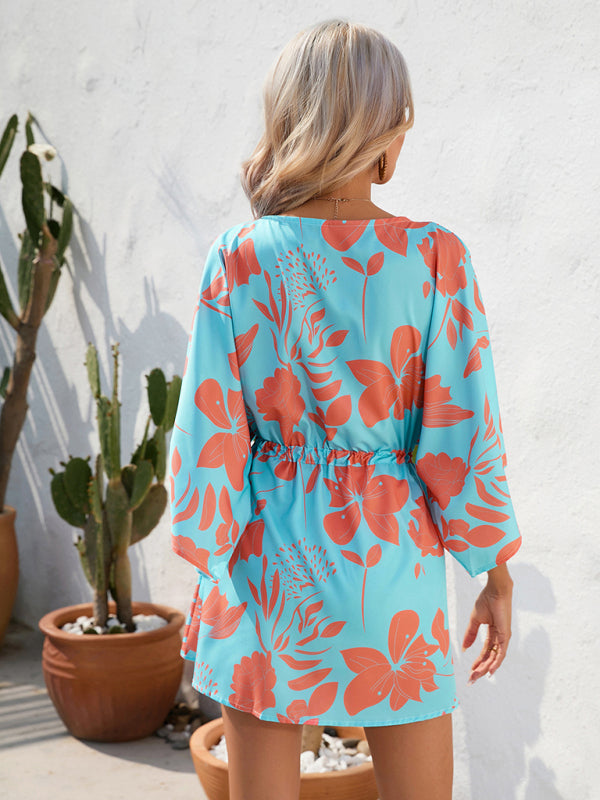 Mini Dresses- Tropical Print Adjustable Mini Dress with Batwing Sleeves- - Pekosa Women Clothing