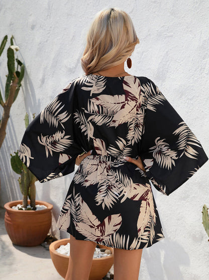 Mini Dresses- Tropical Print Adjustable Mini Dress with Batwing Sleeves- - Pekosa Women Clothing