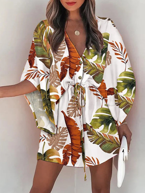 Mini Dresses- Tropical Print Adjustable Mini Dress with Batwing Sleeves- Yellow green- Pekosa Women Clothing