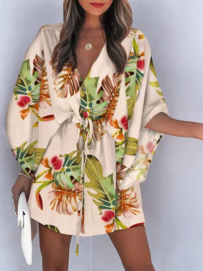 Mini Dresses- Tropical Print Adjustable Mini Dress with Batwing Sleeves- - Pekosa Women Clothing