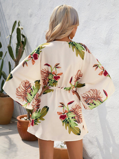 Mini Dresses- Tropical Print Adjustable Mini Dress with Batwing Sleeves- - Pekosa Women Clothing