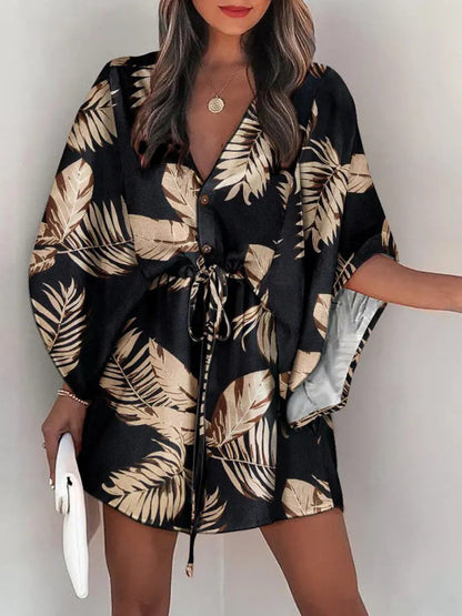 Mini Dresses- Tropical Print Adjustable Mini Dress with Batwing Sleeves- Black- Pekosa Women Clothing