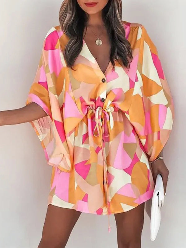 Mini Dresses- Tropical Print Adjustable Mini Dress with Batwing Sleeves- Orange- Pekosa Women Clothing