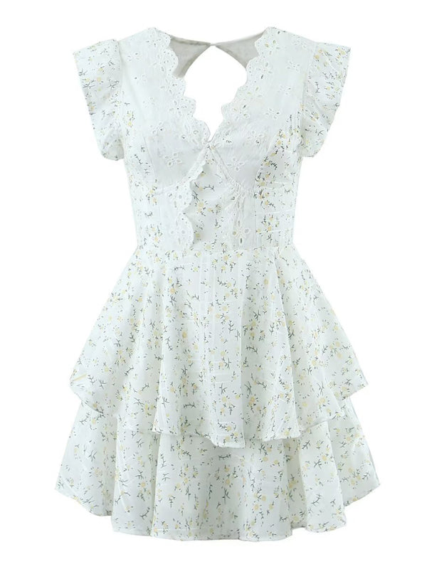 Mini Dresses- Women's Floral Double Tiered Mini Dress with Embroidery Accents- - Pekosa Women Clothing