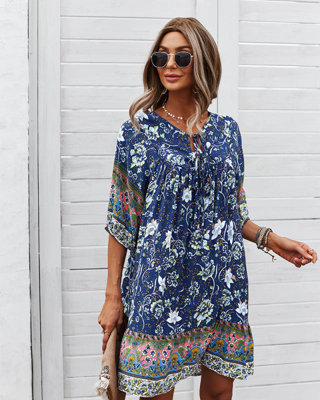 Mini Dresses- Women's Floral Neck Tie Loose Mini Dress Perfect for Any Occasion!- Navy Blue- Pekosa Women Clothing