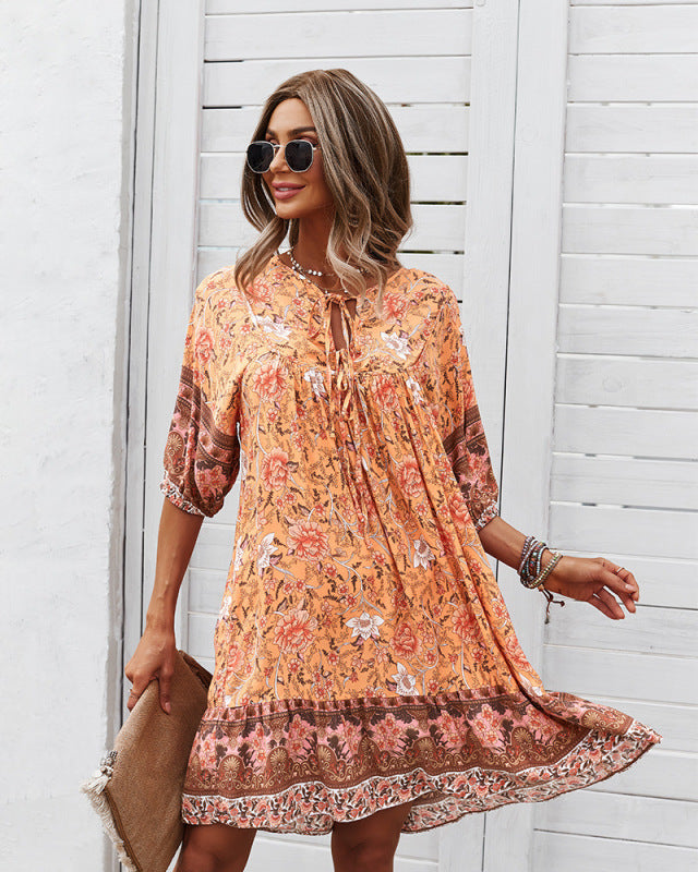 Mini Dresses- Women's Floral Neck Tie Loose Mini Dress Perfect for Any Occasion!- Orange- Pekosa Women Clothing