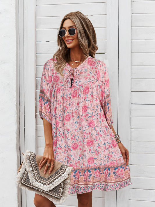 Mini Dresses- Women's Floral Neck Tie Loose Mini Dress Perfect for Any Occasion!- Pink- Pekosa Women Clothing