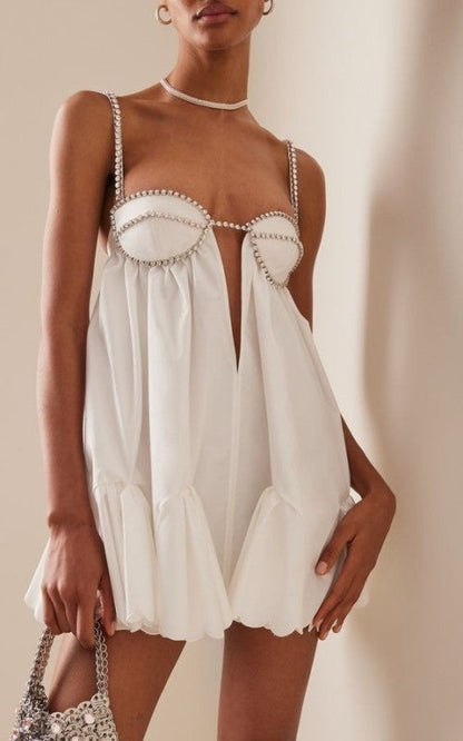 Mini Dresses- Women's Plunging Neckline Sleeveless Bustier Diamond Strips Mini Dress- White- Pekosa Women Clothing