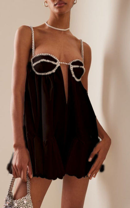 Mini Dresses- Women's Plunging Neckline Sleeveless Bustier Diamond Strips Mini Dress- Black- Pekosa Women Clothing