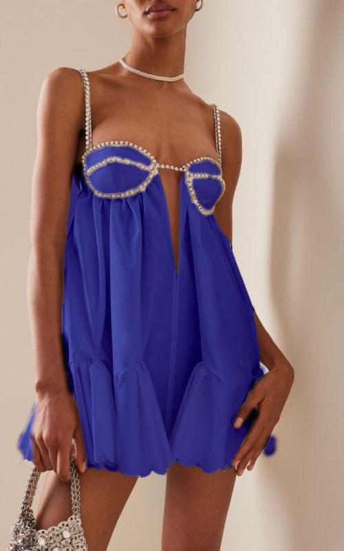 Mini Dresses- Women's Plunging Neckline Sleeveless Bustier Diamond Strips Mini Dress- Blue- Pekosa Women Clothing