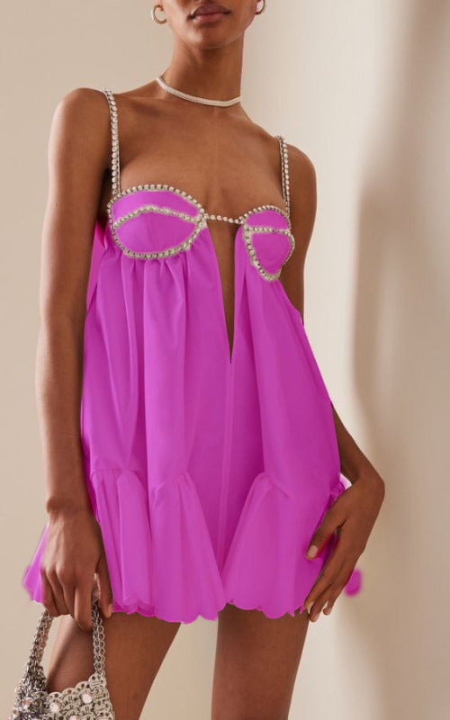 Mini Dresses- Women's Plunging Neckline Sleeveless Bustier Diamond Strips Mini Dress- Rose- Pekosa Women Clothing