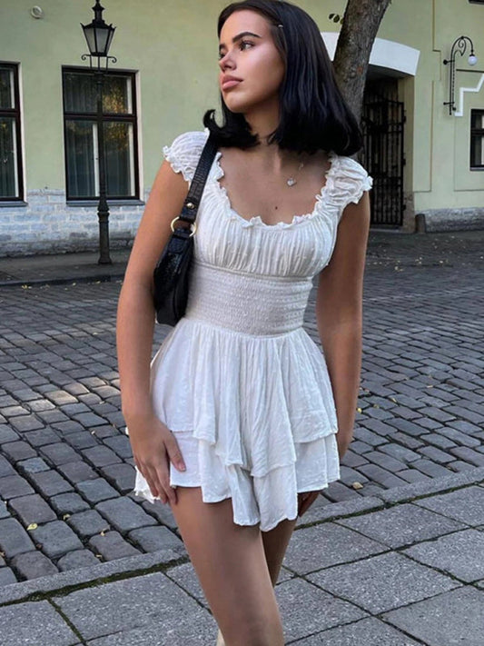 Mini Dresses- Women's Romantic Ruffle Layered Off Shoulders Mini Dress- White- Pekosa Women Clothing