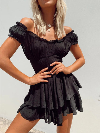 Mini Dresses- Women's Romantic Ruffle Layered Off Shoulders Mini Dress- Black- Pekosa Women Clothing