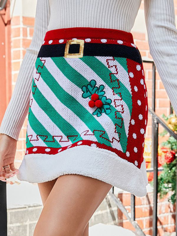 Mini Skirt- Christmas Knit Mini Skirt Plush Hem- - Pekosa Women Clothing