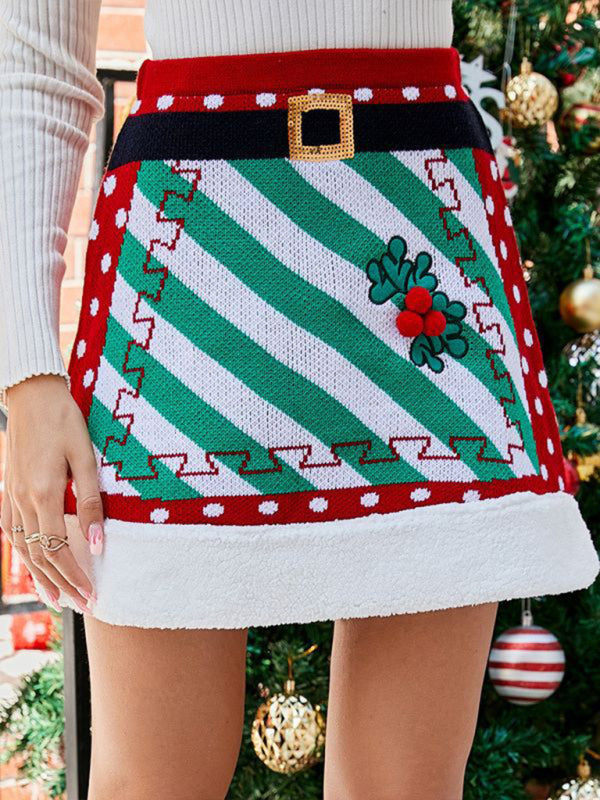 Mini Skirt- Christmas Knit Mini Skirt Plush Hem- - Pekosa Women Clothing