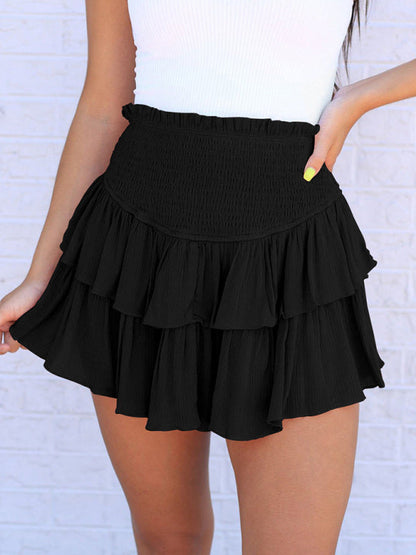 Mini Skirt- Solid Double Layered Shorts Ruffled Mini Skirt 2-in-1- Black- Pekosa Women Clothing