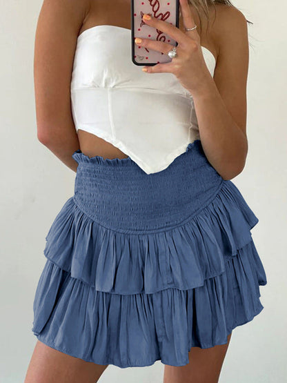 Mini Skirt- Solid Double Layered Shorts Ruffled Mini Skirt 2-in-1- Blue grey- Pekosa Women Clothing