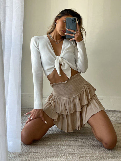 Mini Skirt- Solid Double Layered Shorts Ruffled Mini Skirt 2-in-1- - Pekosa Women Clothing