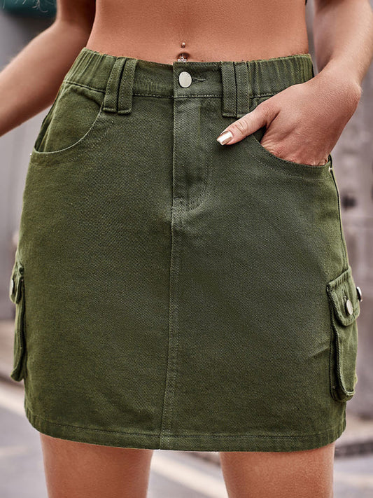 Mini Skirt- Trendy & Practical: Cargo Denim Mini Skirt - Flap Pockets- Olive green- Pekosa Women Clothing