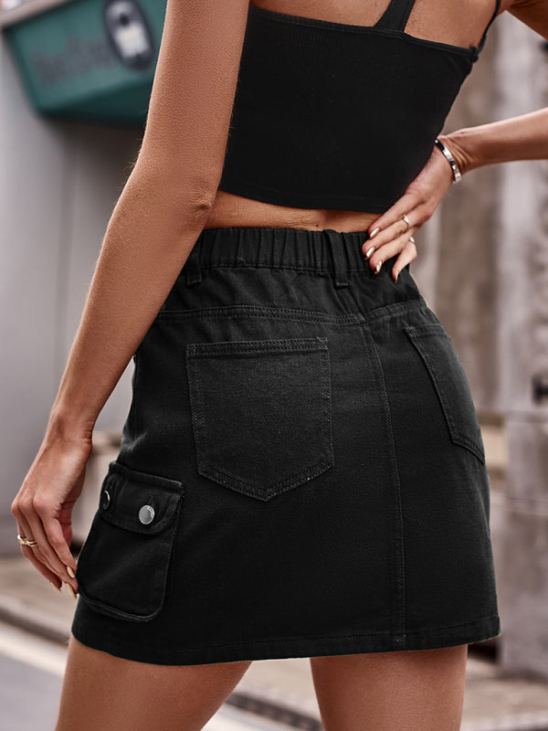 Mini Skirt- Trendy & Practical: Cargo Denim Mini Skirt - Flap Pockets- - Pekosa Women Clothing