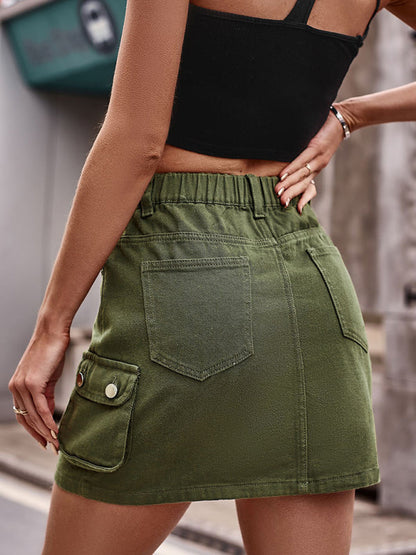 Mini Skirt- Trendy & Practical: Cargo Denim Mini Skirt - Flap Pockets- - Pekosa Women Clothing