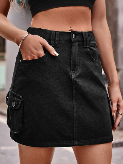 Mini Skirt- Trendy & Practical: Cargo Denim Mini Skirt - Flap Pockets- Black- Pekosa Women Clothing