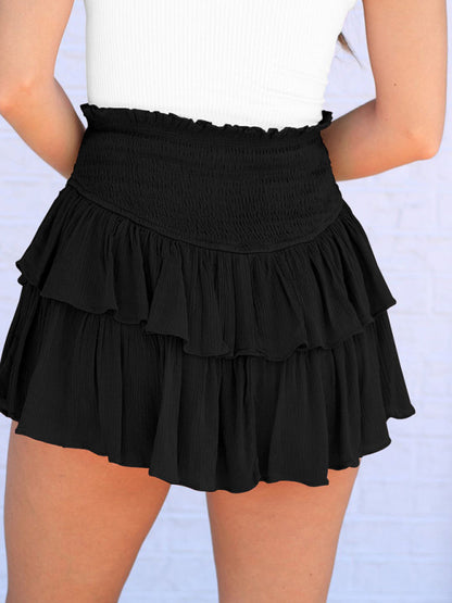 Mini Skirts- Solid Ruffled Layered Mini Skirt with Smocked Waist- - Pekosa Women Clothing