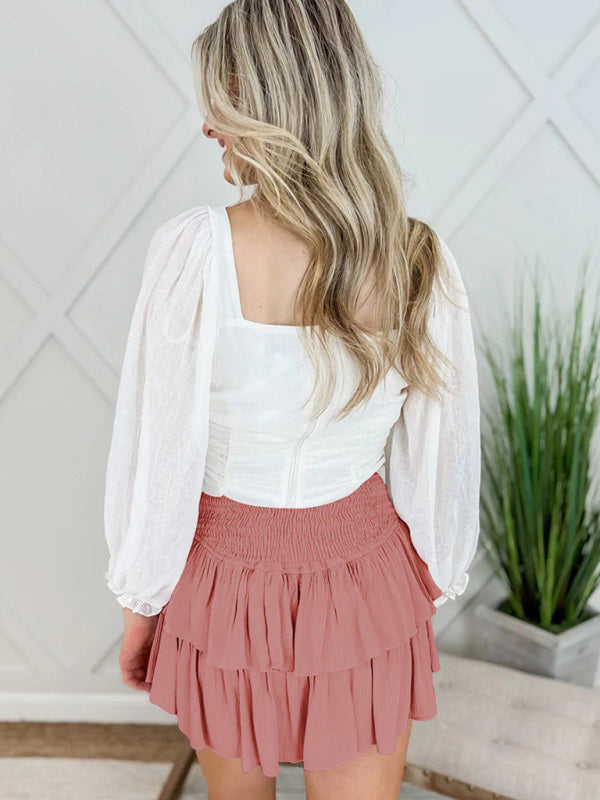 Mini Skirts- Solid Ruffled Layered Mini Skirt with Smocked Waist- - Pekosa Women Clothing