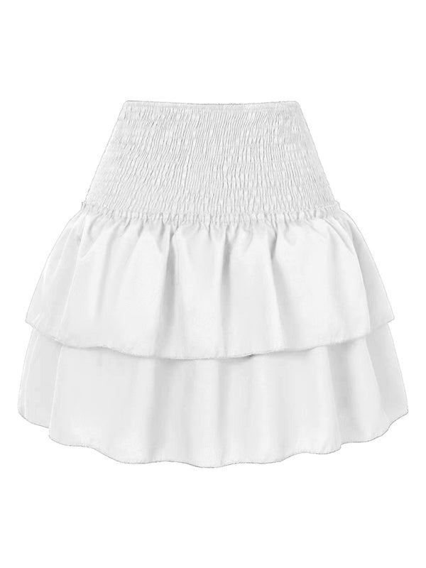 Mini Skirts- Women's Layered Mini Skirt in Floral Print with Smocked Waist- White- Pekosa Women Fashion