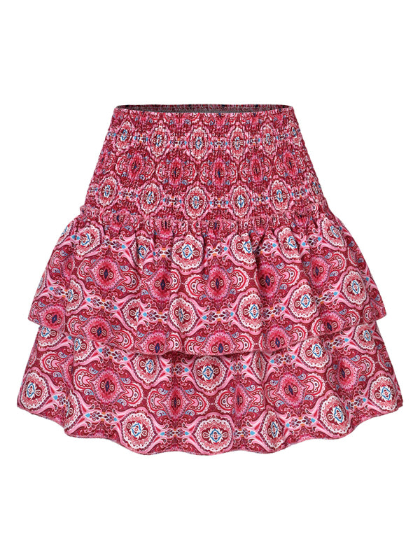 Mini Skirts- Women's Layered Mini Skirt in Floral Print with Smocked Waist- - Pekosa Women Fashion