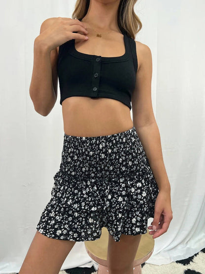 Mini Skirts- Women's Layered Mini Skirt in Floral Print with Smocked Waist- Dark Gray- Pekosa Women Fashion