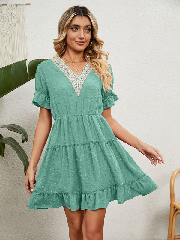 Mini dress- Swiss dot jacquard Casual Tiered Mini Dress- Green- Pekosa Women Clothing