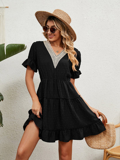 Mini dress- Swiss dot jacquard Casual Tiered Mini Dress- Black- Pekosa Women Clothing