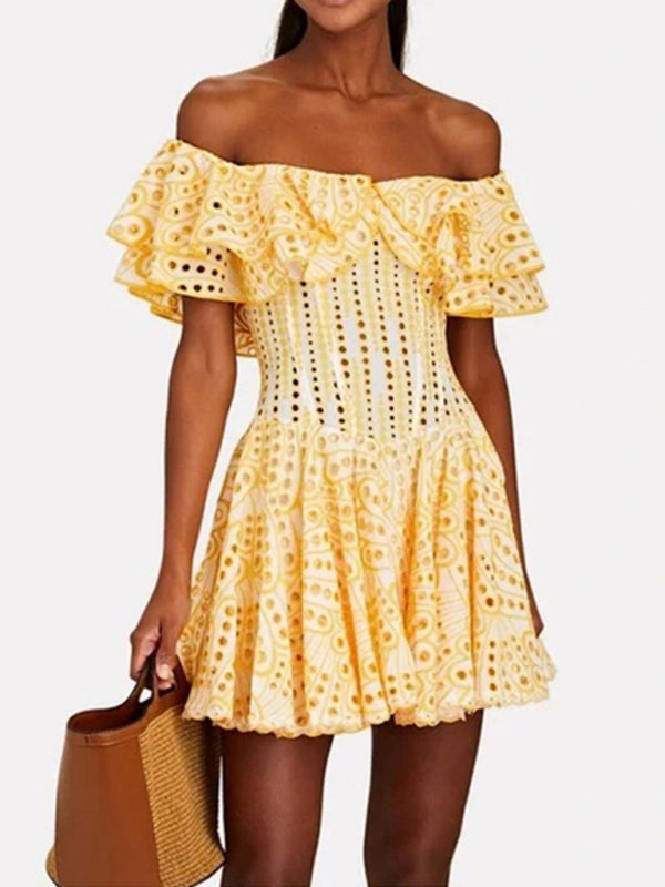 Mini dresses- Women's Trendy Corset Mini Dress with Off Shoulder & Shirred Back- Yellow- Pekosa Women Clothing