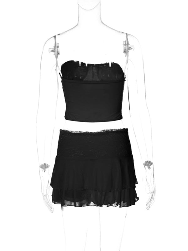 Night Out Outfit- Women's Lace 2-Piece See-Through Tube Bustier Corset and Layered Skirt- - Pekosa Women Clothing