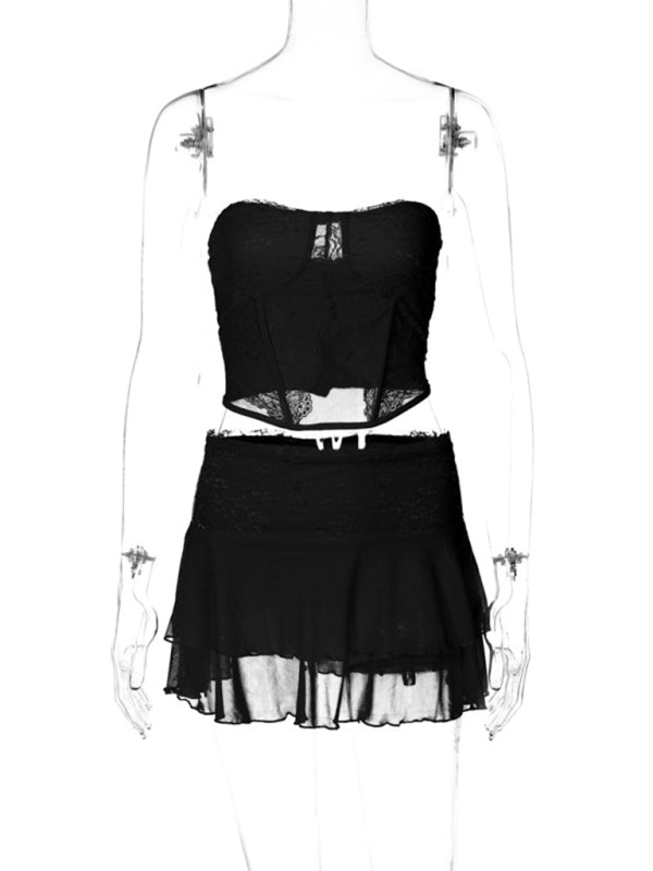 Night Out Outfit- Women's Lace 2-Piece See-Through Tube Bustier Corset and Layered Skirt- - Pekosa Women Clothing