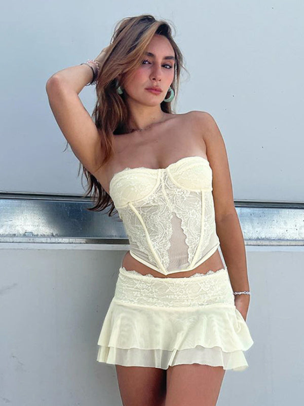 Night Out Outfit- Women's Lace 2-Piece See-Through Tube Bustier Corset and Layered Skirt- Light yellow- Pekosa Women Clothing