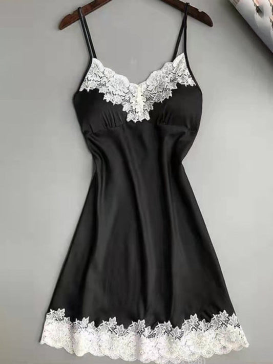 Nightdresses- Satin Silk Chemise - Lace-Accented Sleepwear Nightdress- Black- Pekosa Women Clothing