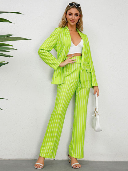 Office Suit- Office Attire Suit Shawl Lapel Blazer and High Rise Trousers- Green- Pekosa Women Clothing