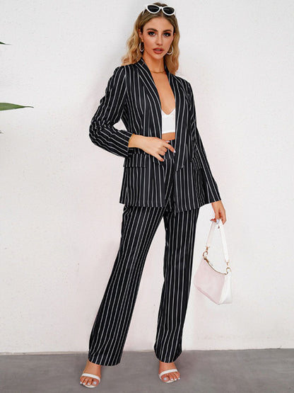 Office Suit- Office Attire Suit Shawl Lapel Blazer and High Rise Trousers- Black- Pekosa Women Clothing