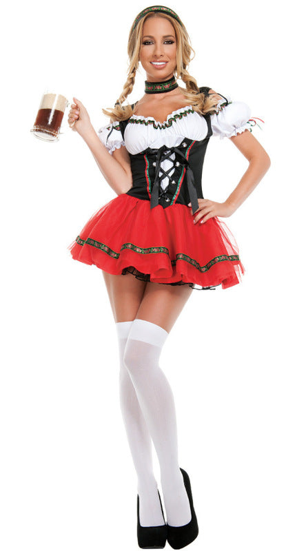 Oktoberfest Outfits- Oktoberfest Bavaria Maid Outfit - Bartender German Cosplay Dress- Red- Pekosa Women Clothing
