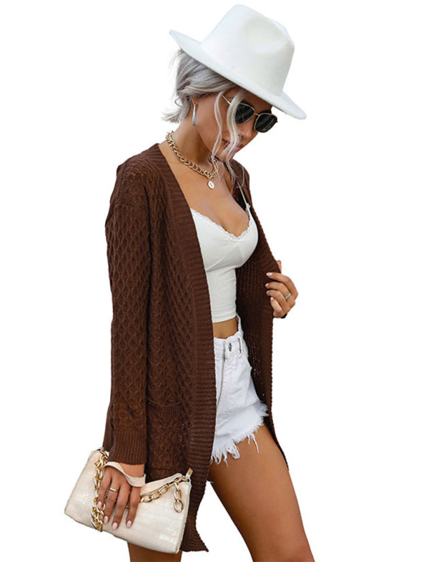 Open Front Cardigans- Cable Knit Open Front Long Cardigan- - Pekosa Women Clothing