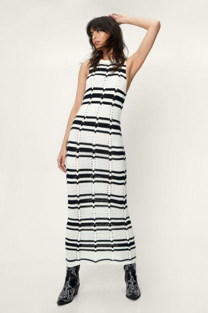 Open Knit Dresses- Beach to Bar Ready: Striped Open Knit Maxi Dress for Vacation- White- Pekosa Women Clothing