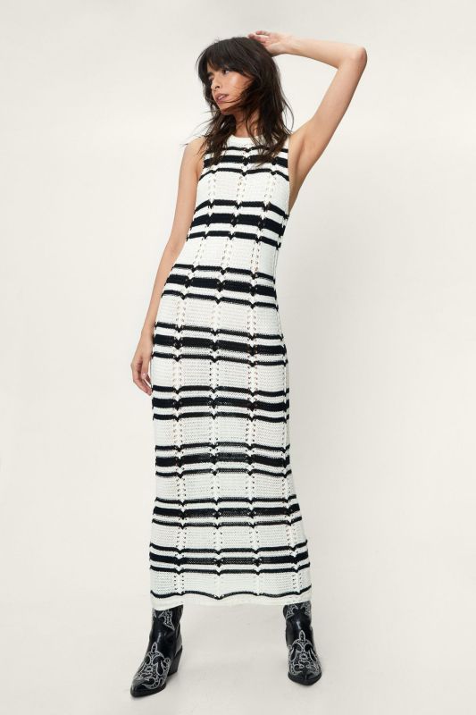 Open Knit Dresses- Beach to Bar Ready: Striped Open Knit Maxi Dress for Vacation- White- Pekosa Women Clothing