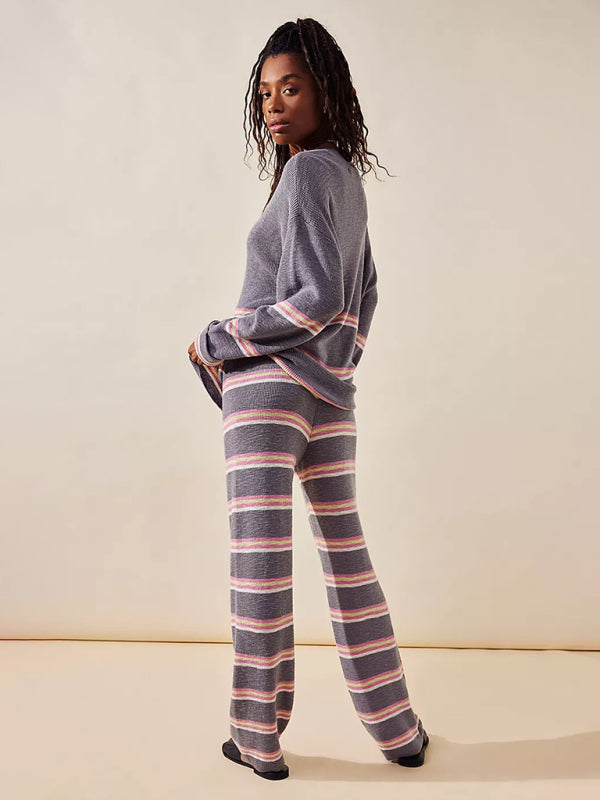 Outfit Set- Casual Look Striped Sweater + Cozy Straight Pants Set- - Pekosa Women Clothing