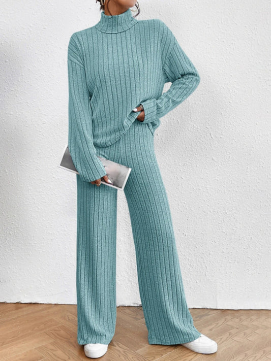 Outfit Set- Casual Loungewear Ribbed Knit Pants & High Neck Sweater for Casual Hangouts- Blue- Pekosa Women Clothing