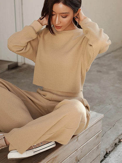 Outfit Set- Comfy Long Sleeve Crop Pullover + Flared Pants in Waffle Textured Finish- - Pekosa Women Clothing