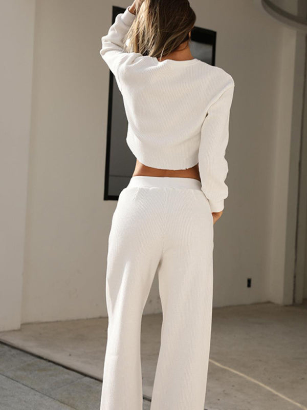 Outfit Set- Comfy Long Sleeve Crop Pullover + Flared Pants in Waffle Textured Finish- - Pekosa Women Clothing